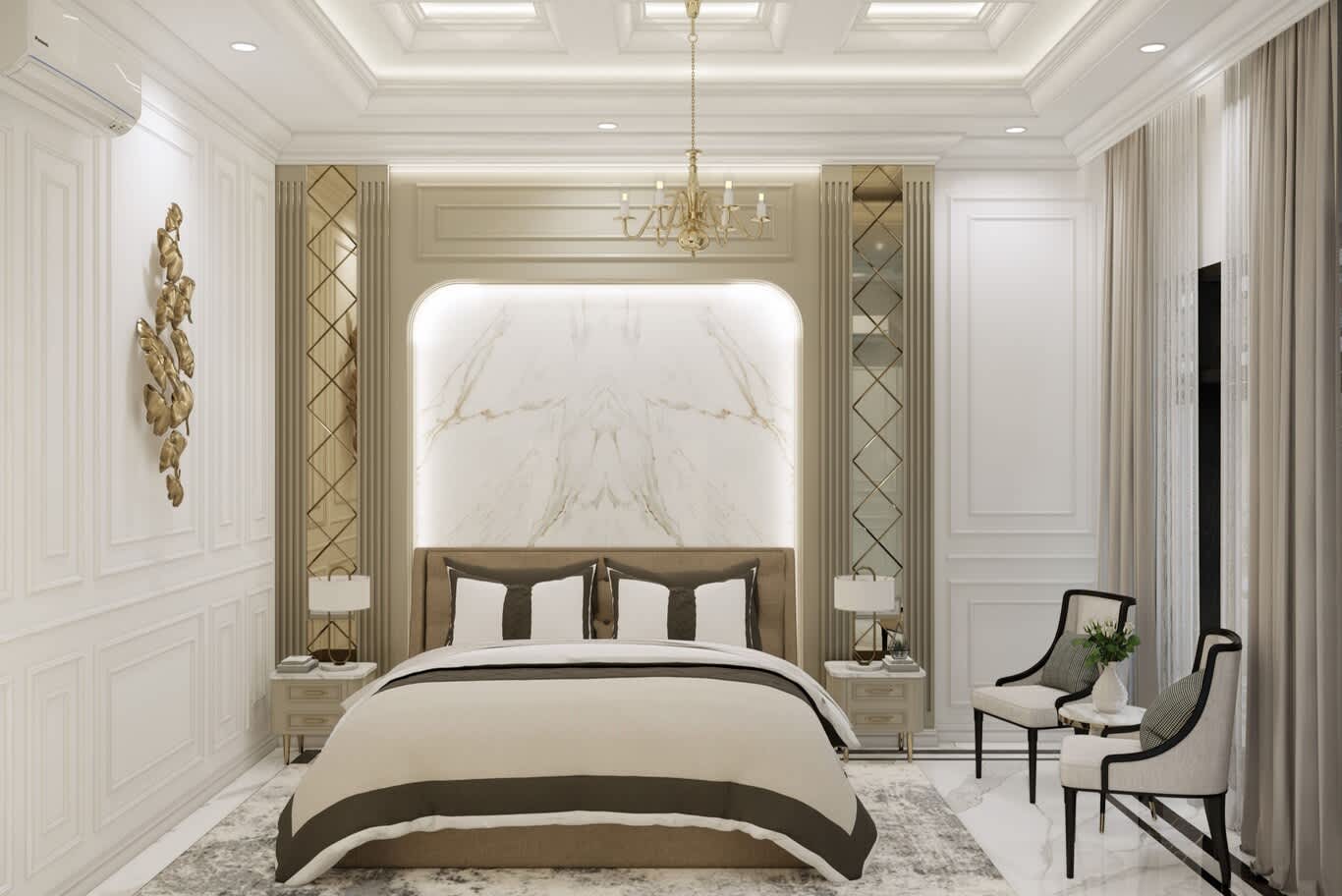 Backlit Calacatta marble headboard arch with fluted pilasters and mirrored brass lattice