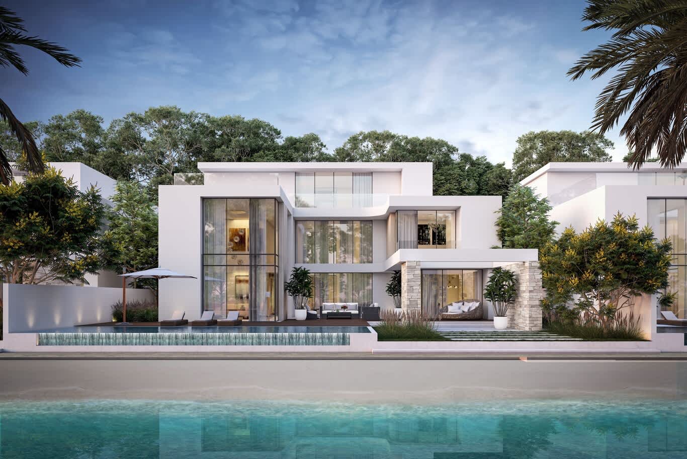 •	Palm Jumeirah beachfront villa facade – stacked stone piers, double-height glazing and an infinity-edge pool facing the sea
