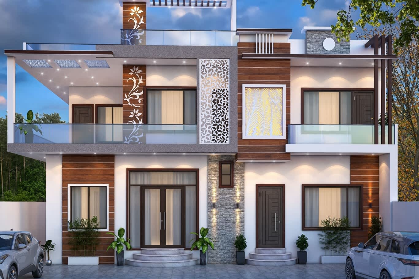 Nad Al Sheba villa design – laser-cut decorative panels, timber-look cladding and glass balconies on a family villa