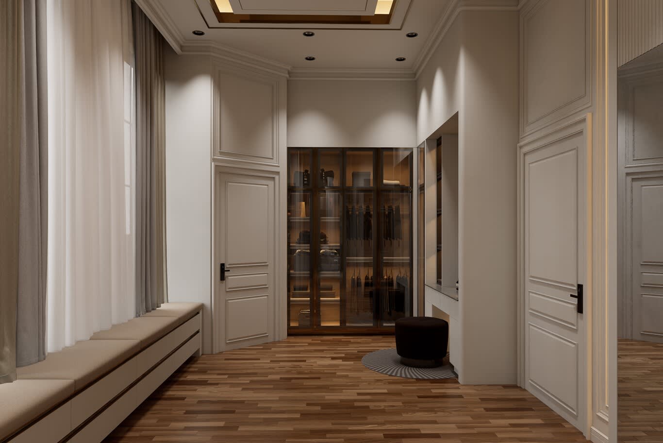 Dressing room design in Qatar with a window bench, panelled doors and a bronze-glass wardrobe closing the corridor