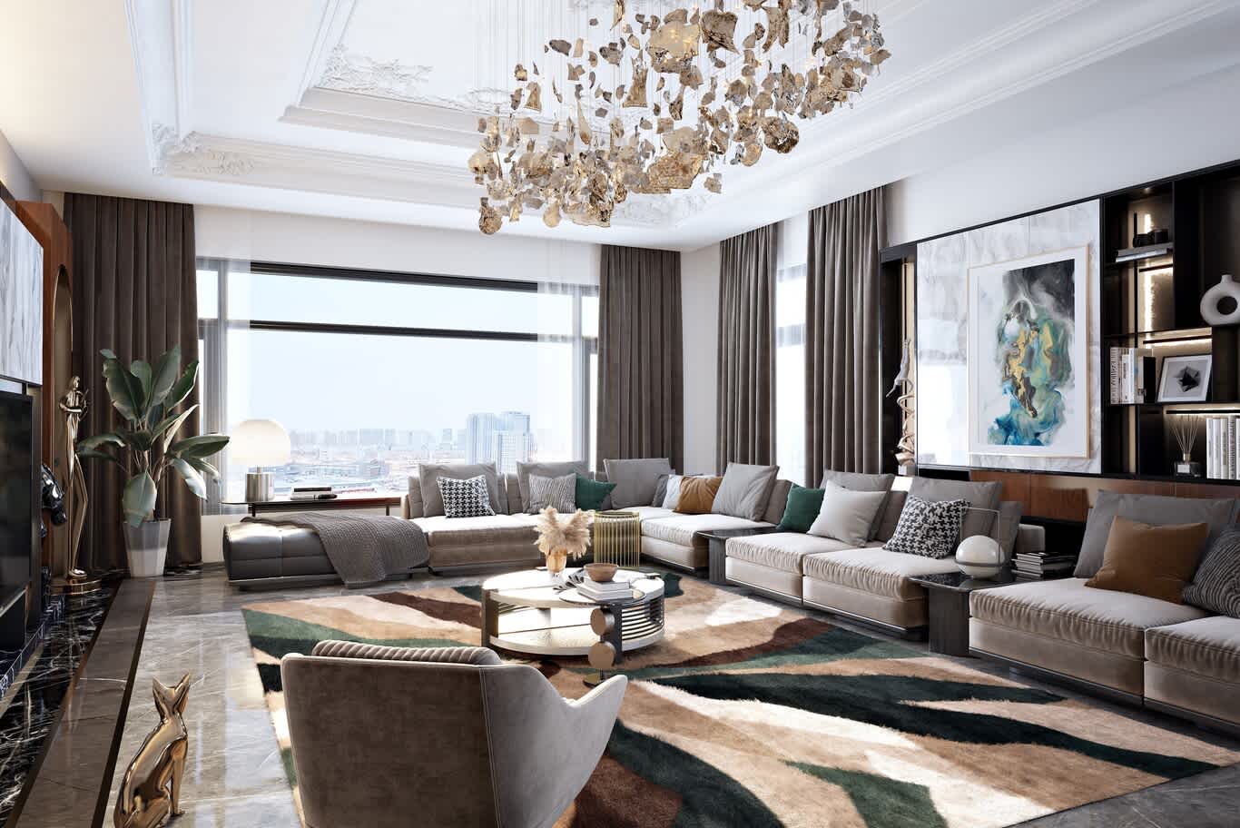 •	Living room furniture scaled to the room with modular sectional, gilded chandelier and abstract rug