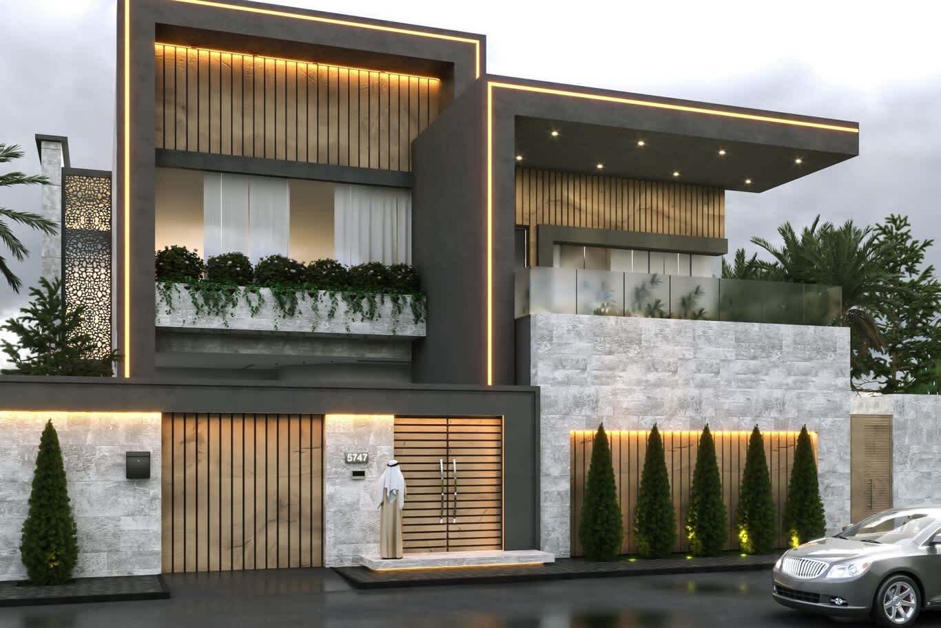 Nad Al Sheba villa design – Emirati family villa entrance with charcoal frames, gold LED outlines and a timber gate