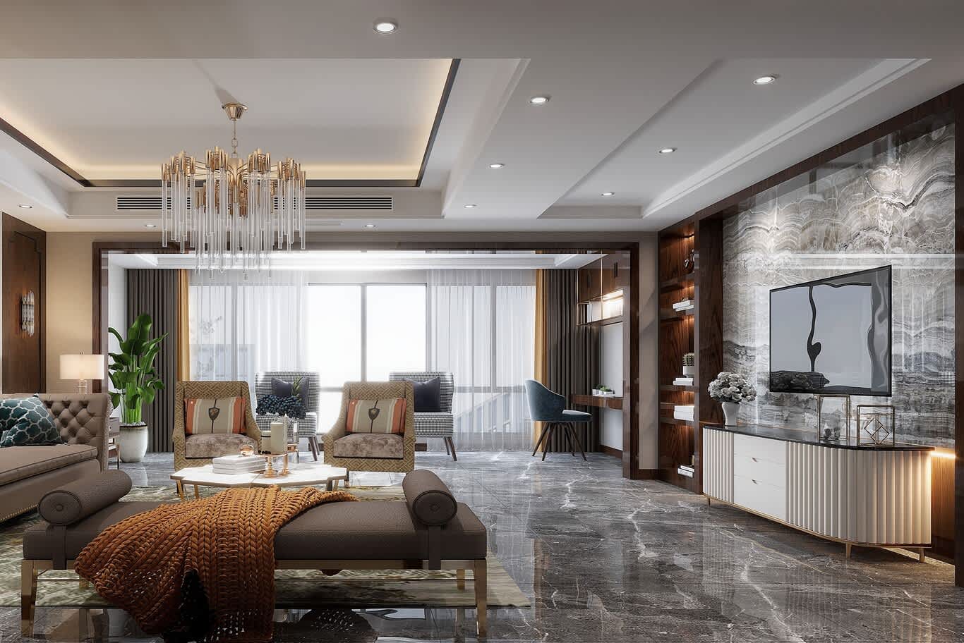 •	Open-plan living room with floating seating group, crystal chandelier and onyx-effect media wall
