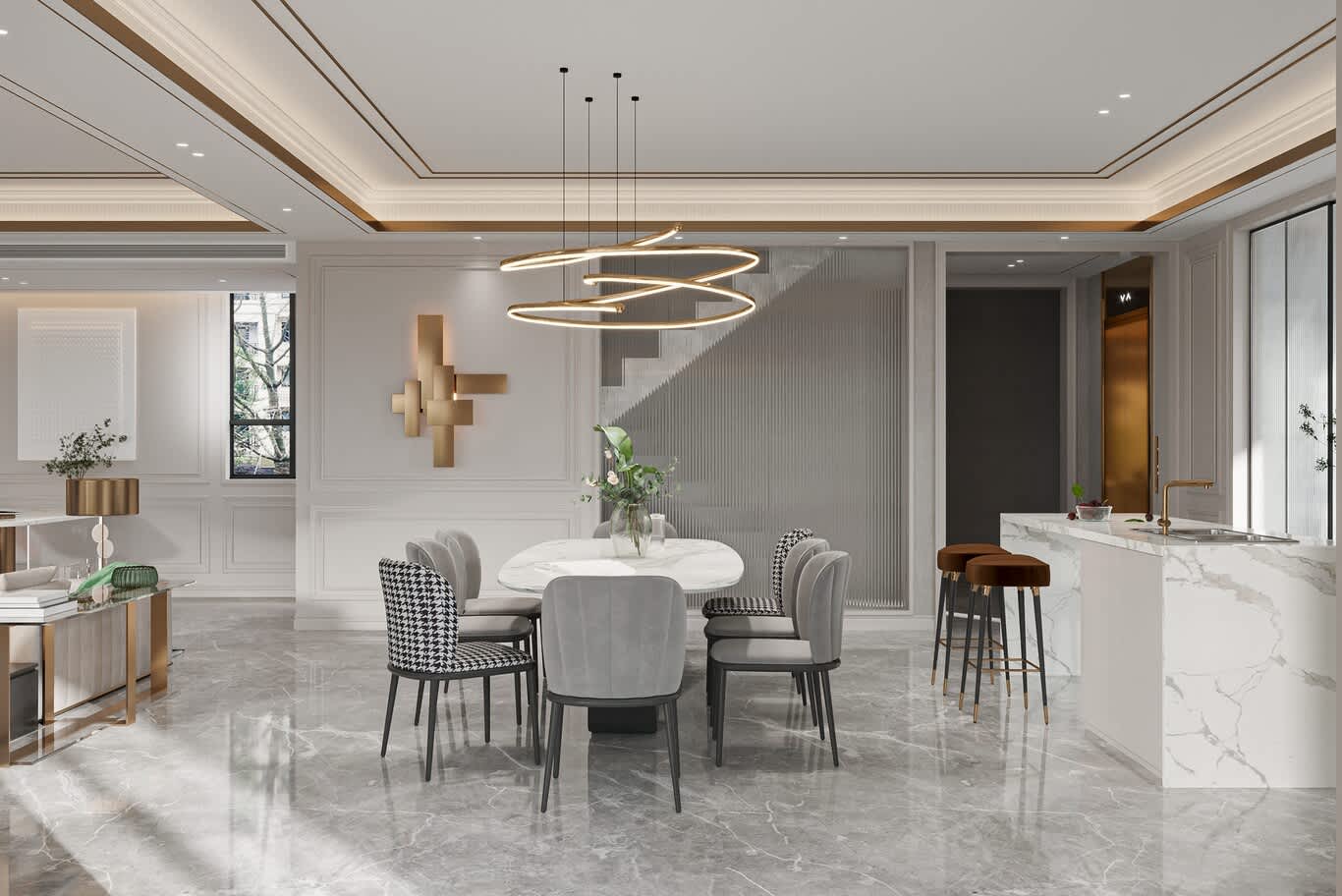 bronze-trimmed tray ceiling with spiral gold chandelier over a marble dining table