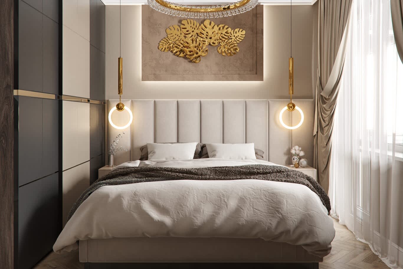 Small bedroom design with full-width channel headboard, brass ring pendants and gilded wall sculpture