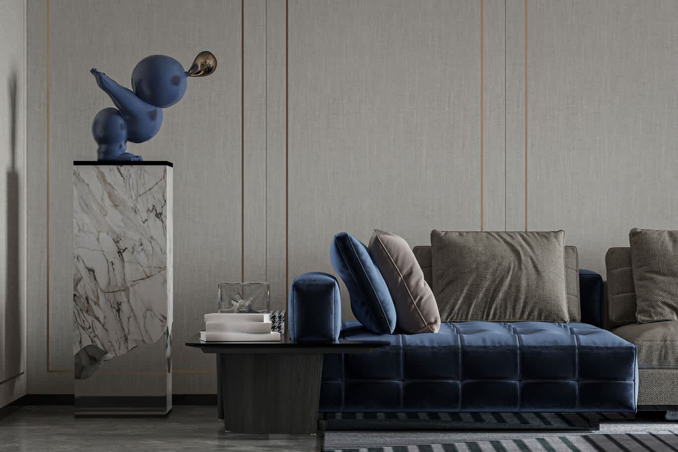marble and mirror steel sculpture plinth beside a navy velvet daybed