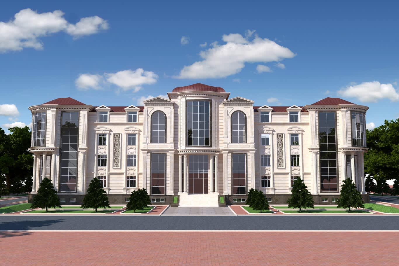 Al Khawaneej villa design – palace-scale classic residence with a domed central pavilion and limestone-clad wings