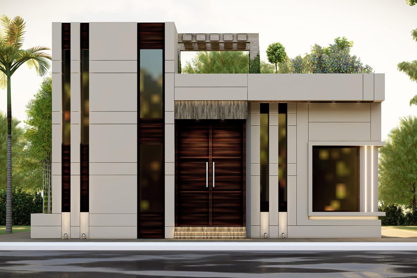 Nad Al Sheba villa design – single-storey majlis wing in large-format panels with a dark timber double door