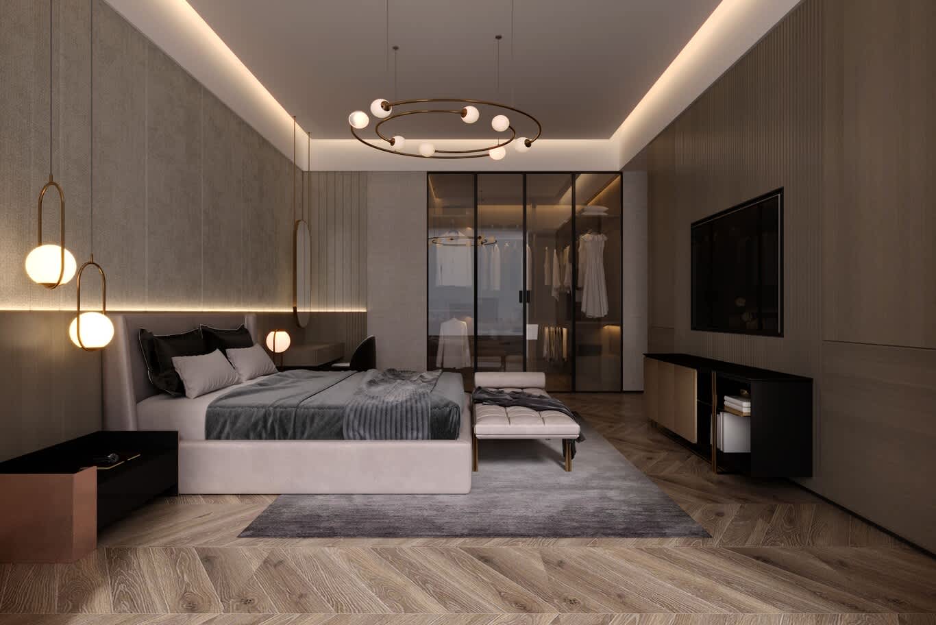 Luxury master bedroom with ring chandelier, glass walk-in wardrobe and chevron oak floor