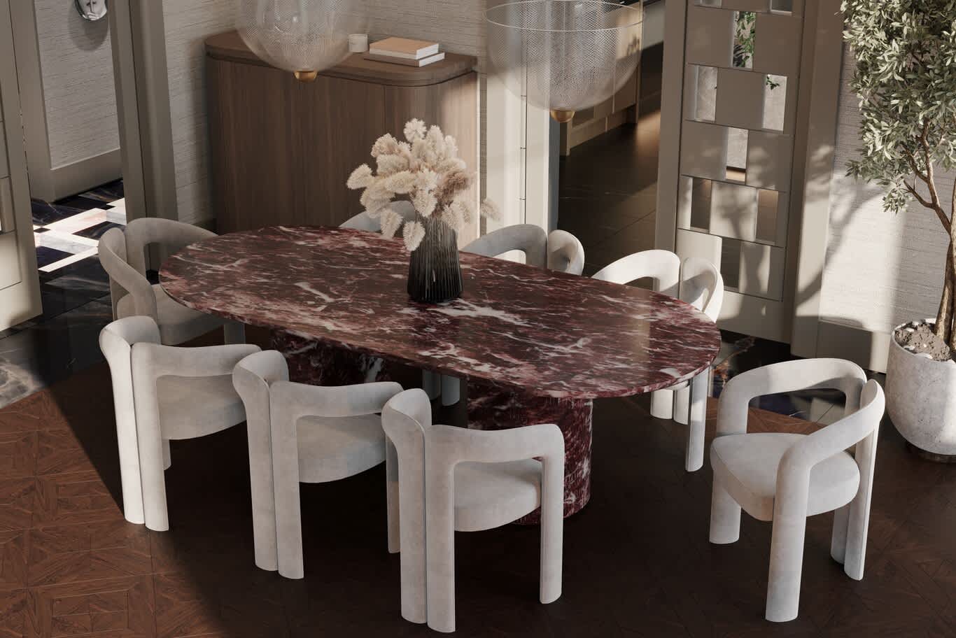 •	Dining room colour scheme built around a Rosso Levanto marble table with ivory upholstered chairs