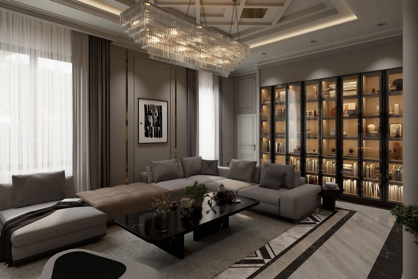 •	Floor-to-ceiling curtains with sheers and charcoal drapes in a living room with crystal chandelier