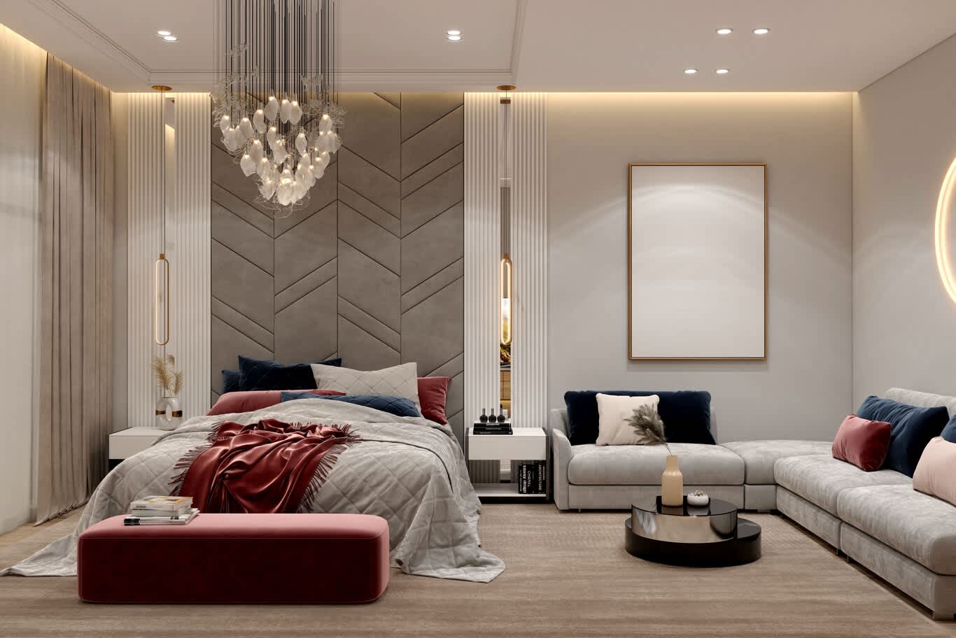 Master suite with chevron velvet acoustic wall panels, lounge sofa and ruby velvet bench