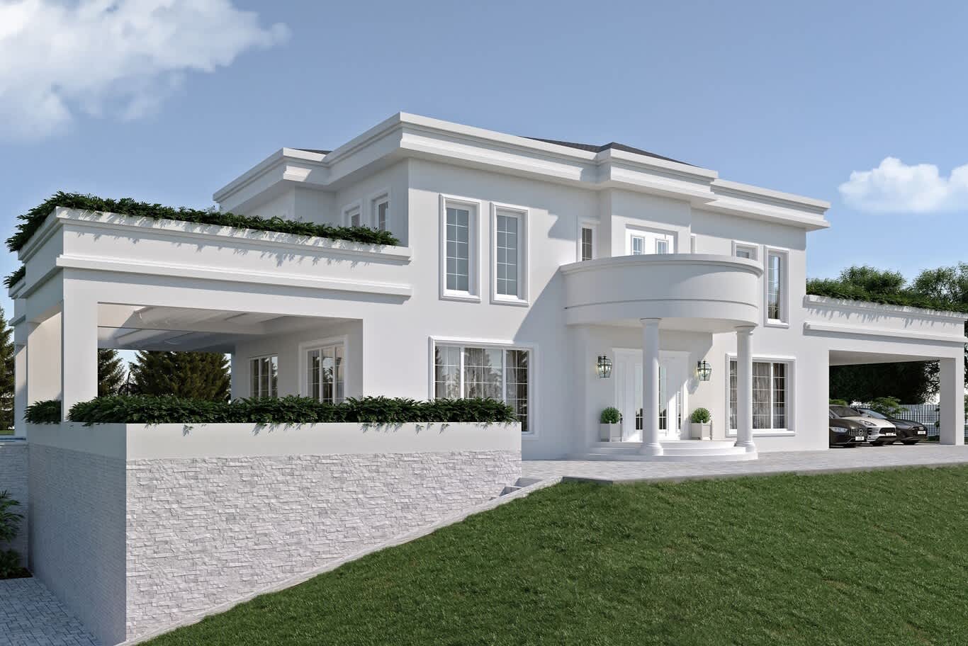 تصميم فلل الخوانيج، شرفة مقوّسة الواجهة على أعمدة وتراسات سطح مزروعة وقاعدة من الحجر الأبيض المرصوص