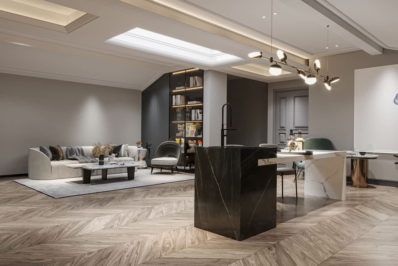 Open-plan living and kitchen with chevron oak floor and black marble island