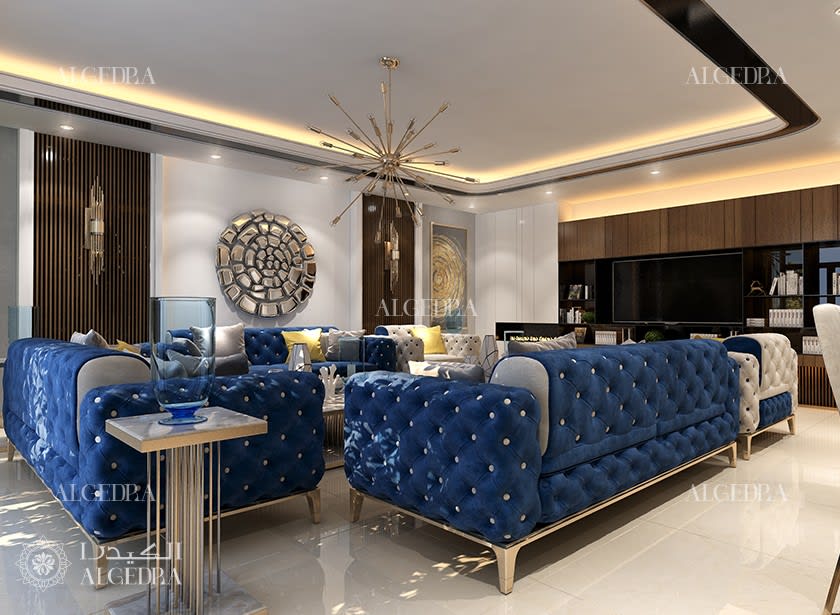 navy living room design