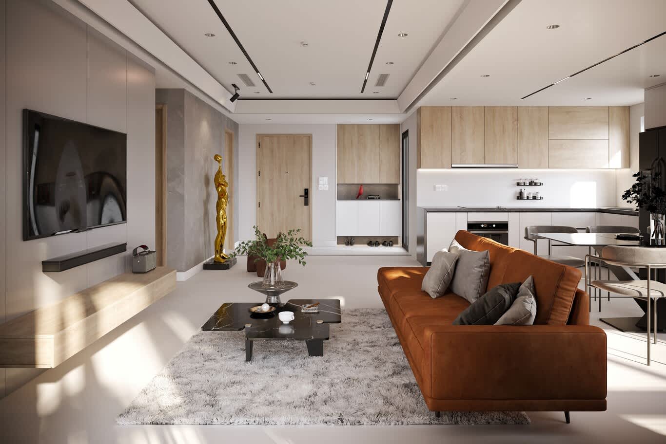 Emaar NOC apartment renovation in Downtown Dubai – living room with linear ceiling diffusers and oak kitchen joinery