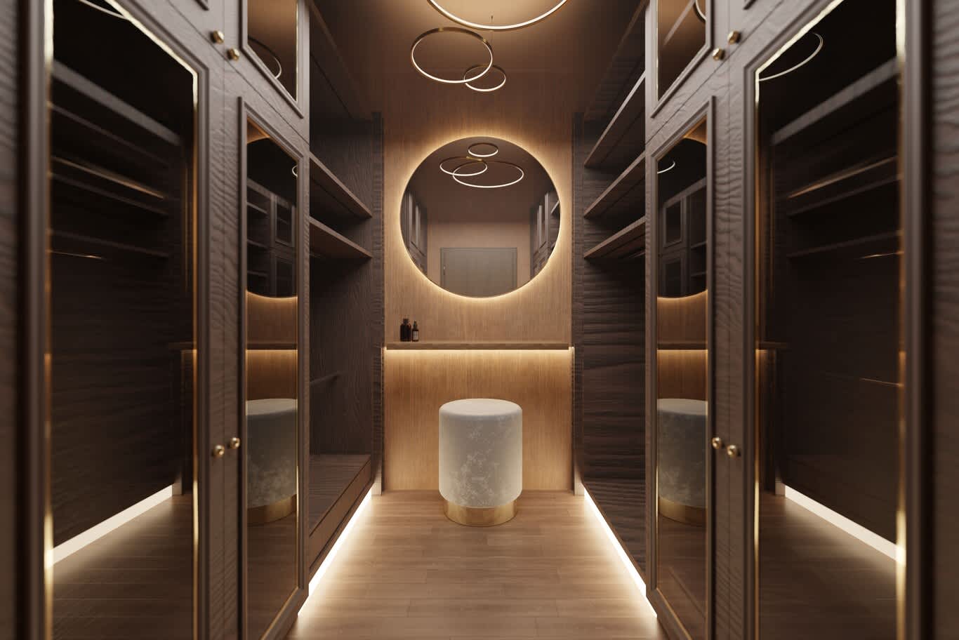 Compact dressing room design in Qatar with facing glass doors, ring pendants and a backlit round mirror