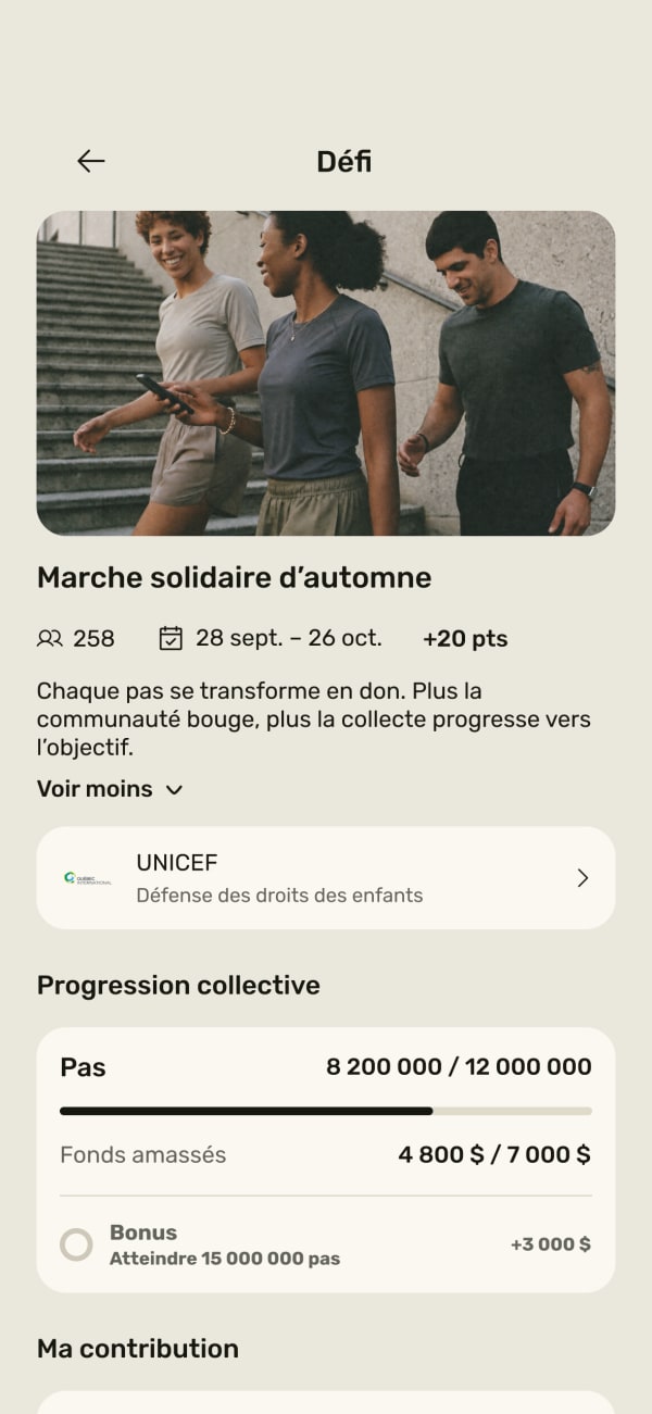 Écran d’un défi de pas converti en don à un organisme dans l’app Propulsion.