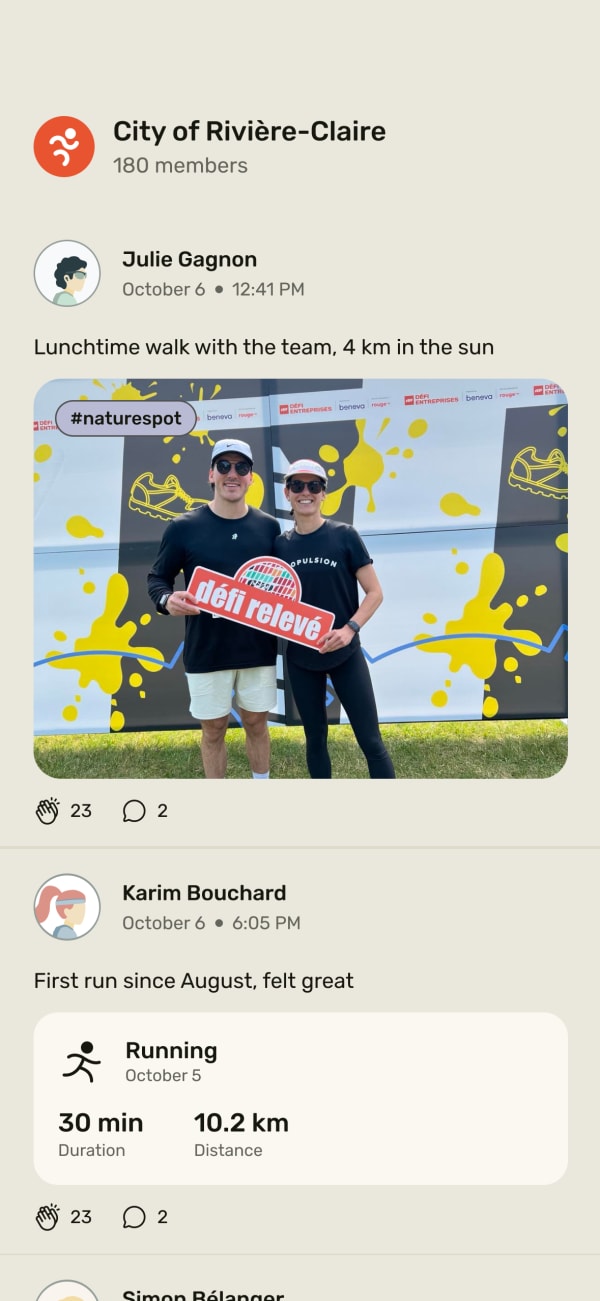 Social feed in the Propulsion app: photos, shared workouts and cheers between colleagues.
