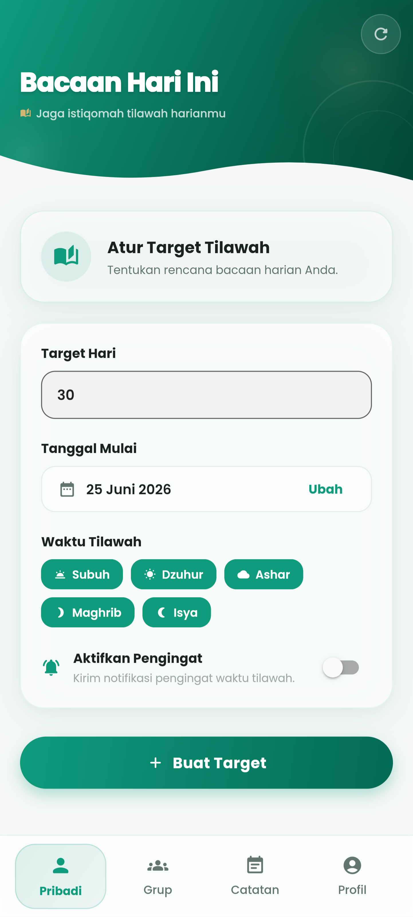 Buat Target - Layar pembuatan target khataman
