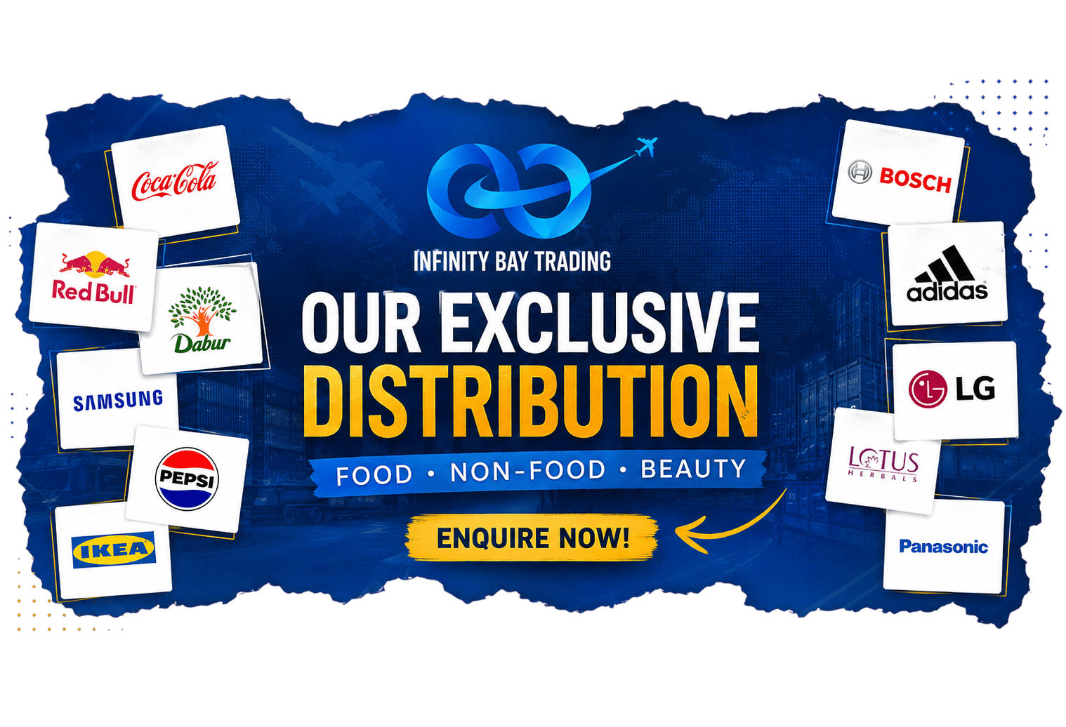 Infinity Bay Trading — Our Exclusive Distribution across Food, Non-Food & Beauty, featuring brands like Coca-Cola, Red Bull, Samsung, Bosch, Adidas, LG and more.