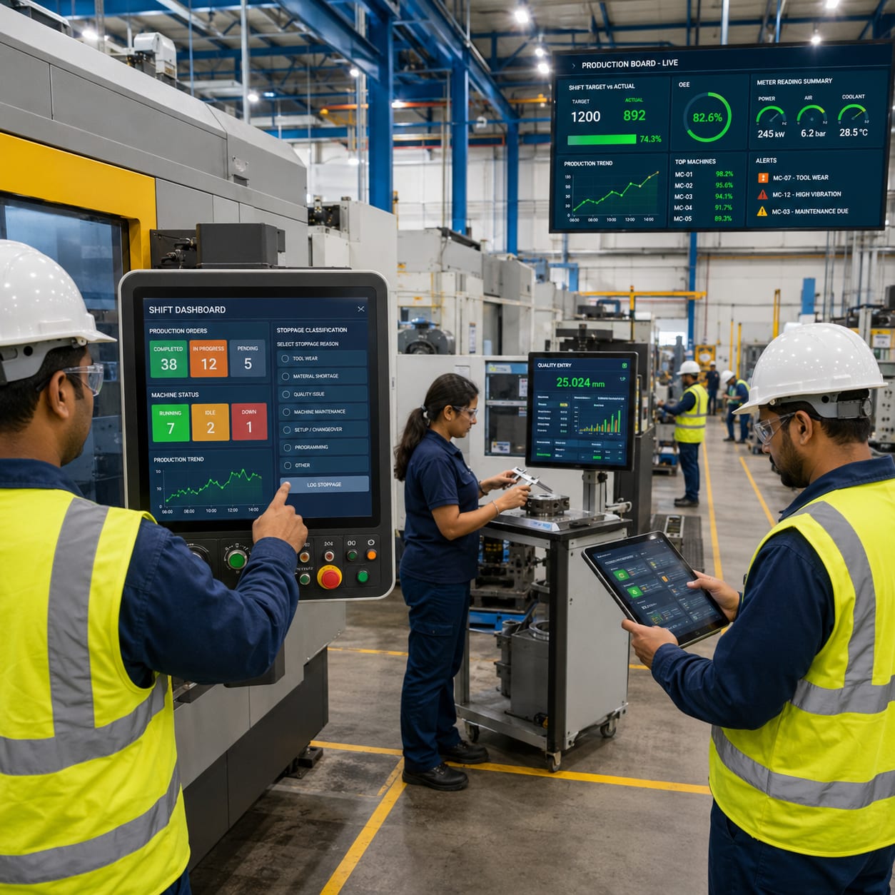 Shop floor operator working with MES dashboard, capturing stoppage and production data