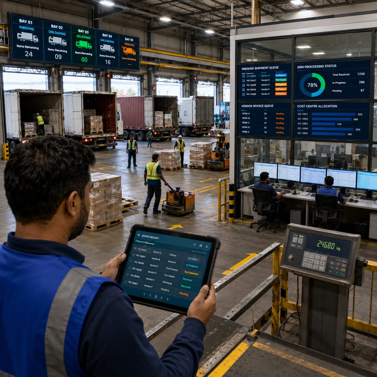 Inbound freight operations with trucks and warehouse activity