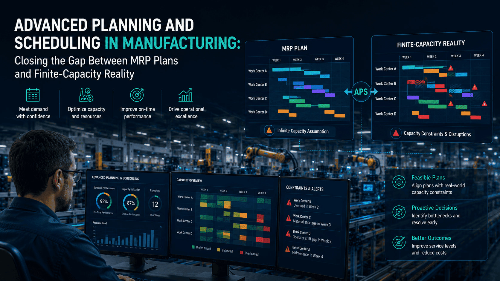 Production planning team using Advanced Planning and Scheduling software integrated with ERP on connected factory floors to optimize finite-capacity manufacturing schedules