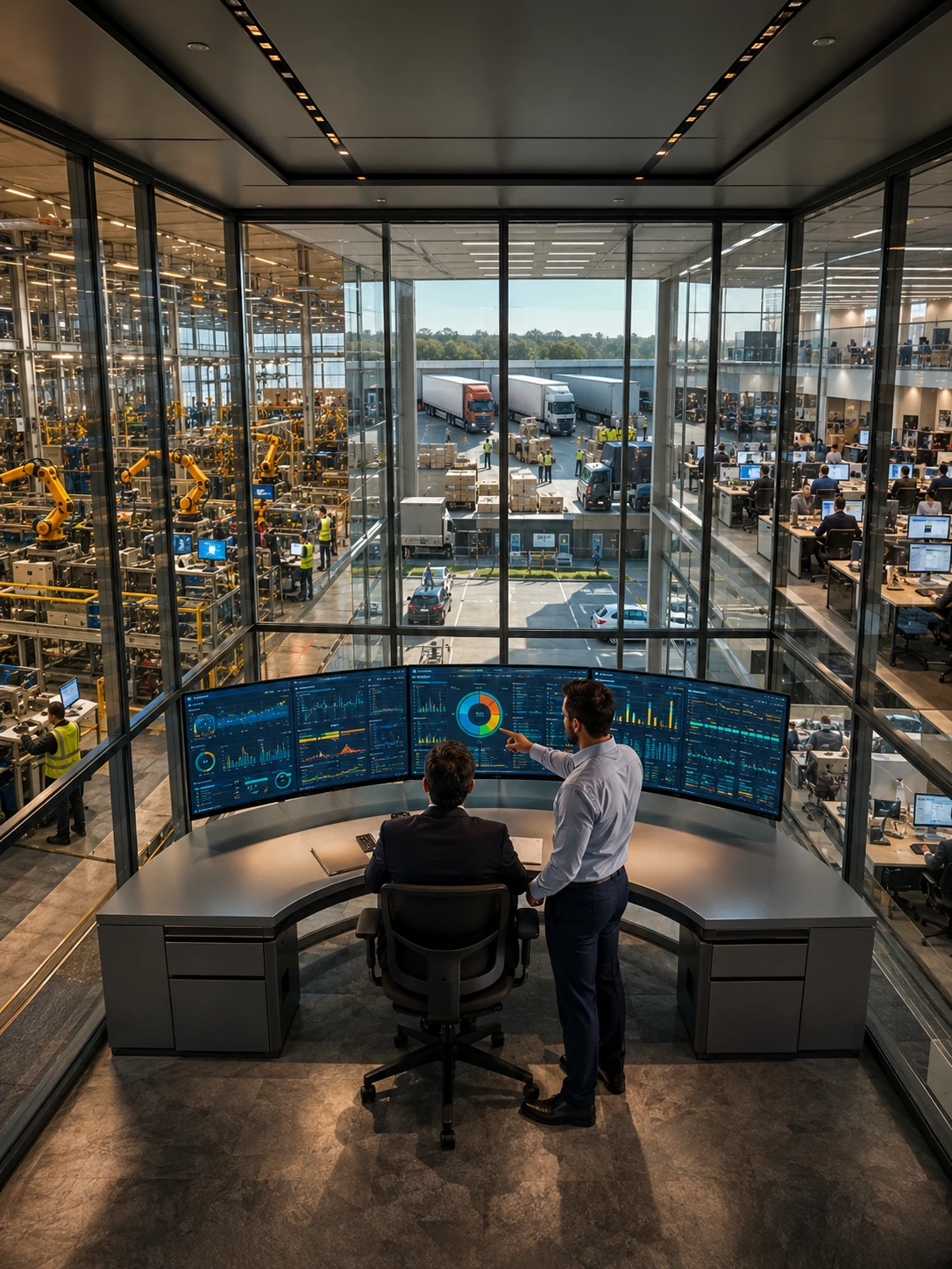 Enterprise operations control room with real-time analytics dashboard
