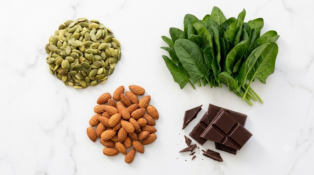Assortment of magnesium rich foods like seeds and nuts