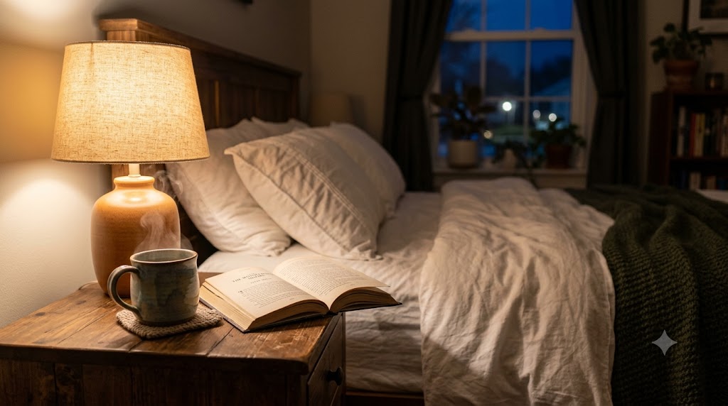 Restful evening routine with a warm beverage