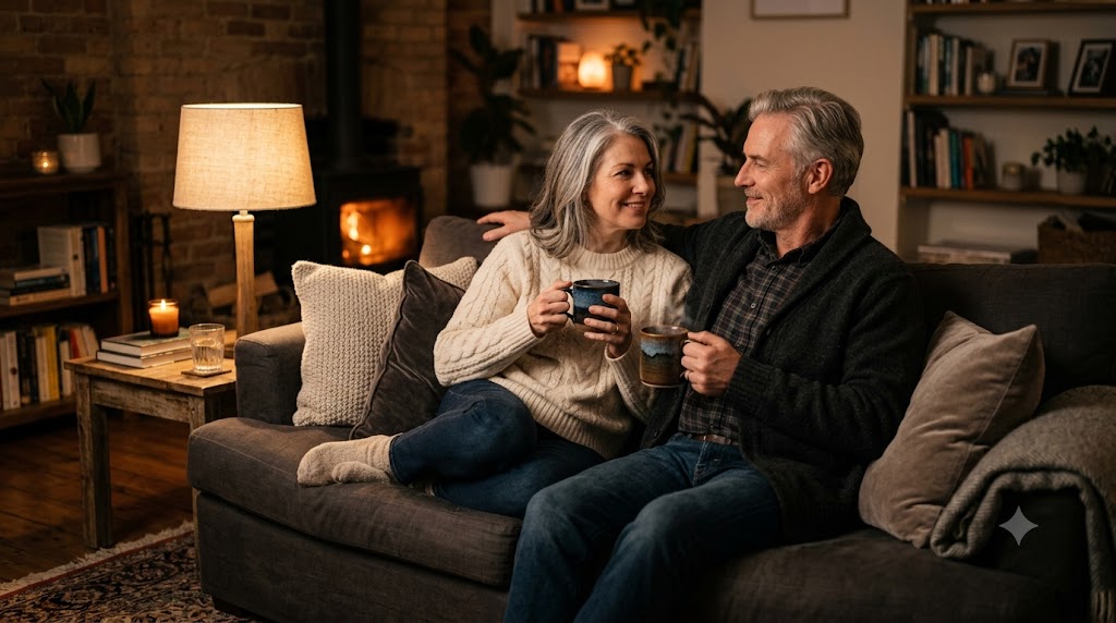 A mature individual relaxing comfortably at home in the evening