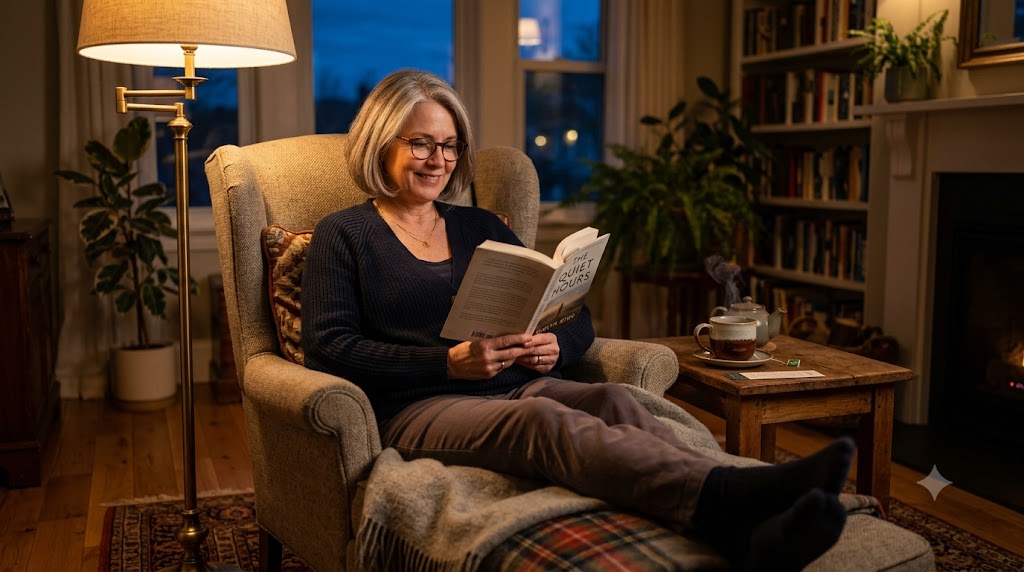 Person relaxing with a book in soft evening light