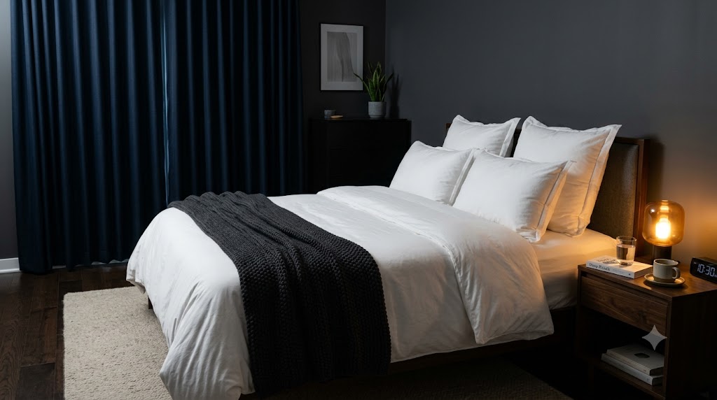 A perfectly prepared dark, cool bedroom for sleep