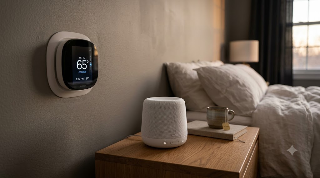 Thermostat and white noise machine in a modern bedroom