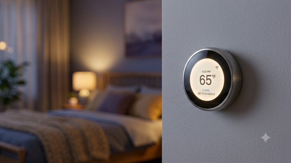 A smart thermostat glowing in a modern, dark bedroom