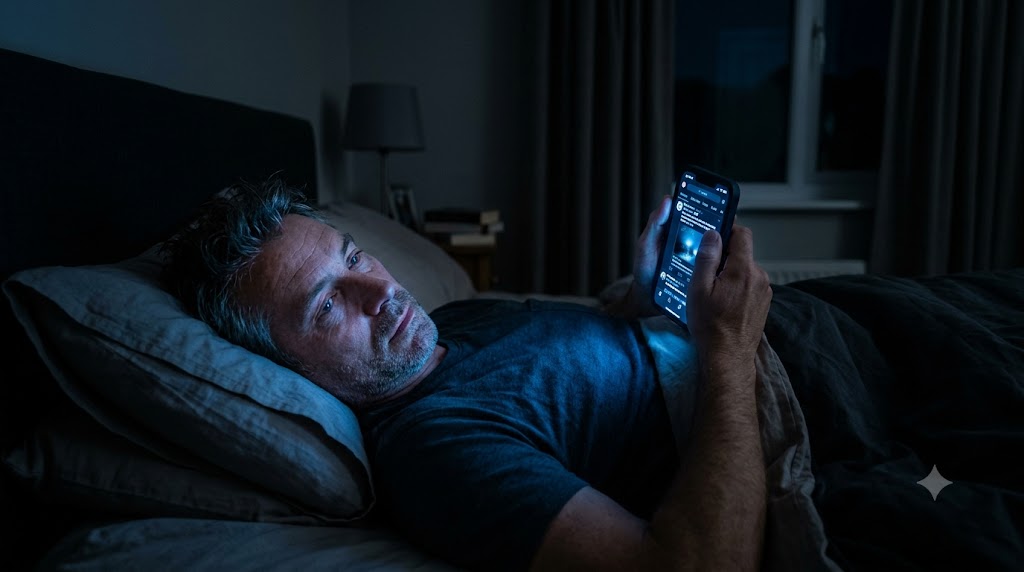 Person looking at a glowing smartphone screen in bed