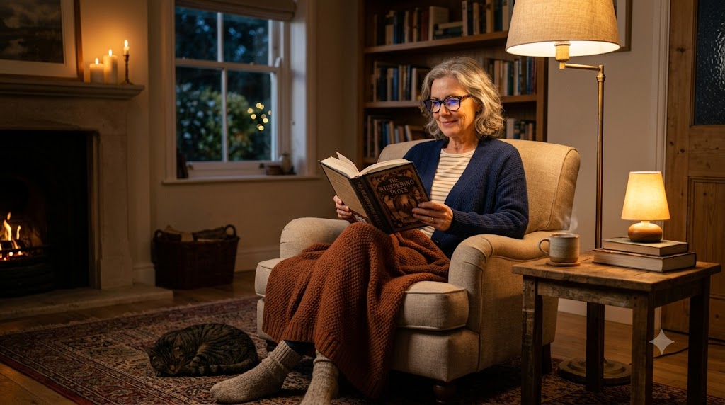 Reading a physical book under warm ambient lighting