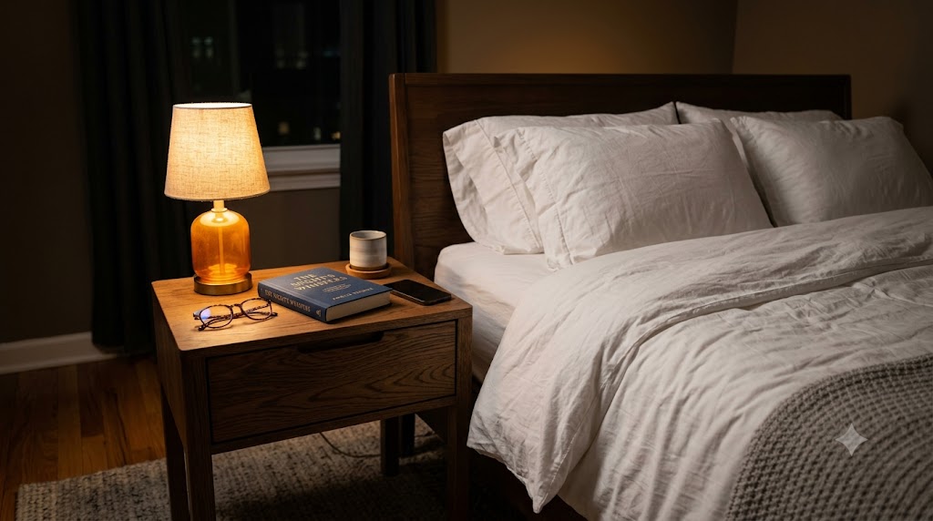 Nightstand with a book and reading lamp prepared for sleep