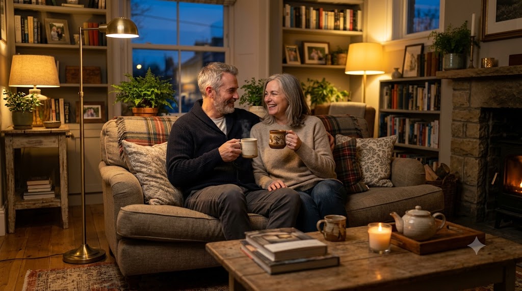 Mature couple relaxing with tea in a cozy living room