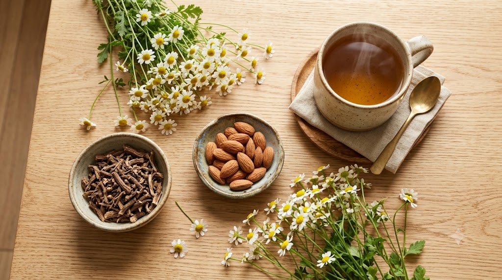 Herbal tea, valerian root, and chamomile flowers on a table