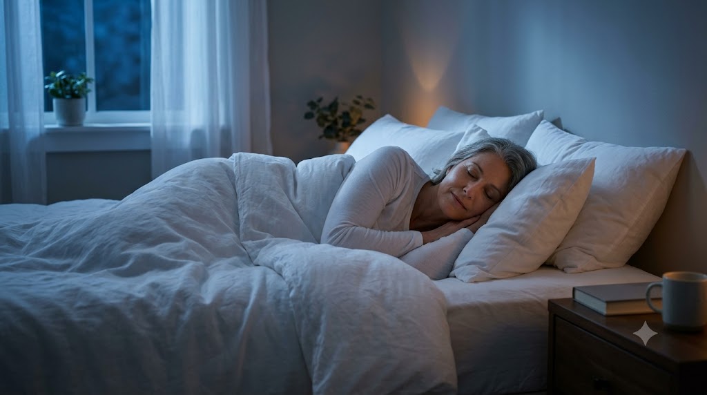 A mature adult sleeping peacefully in a comfortable bed