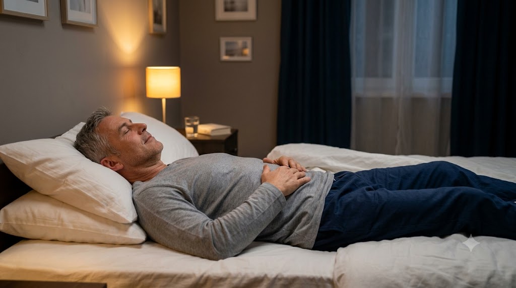Mature adult practicing deep breathing in bed