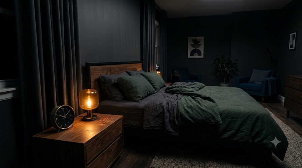 Analog clock on a nightstand in a dark, relaxing bedroom