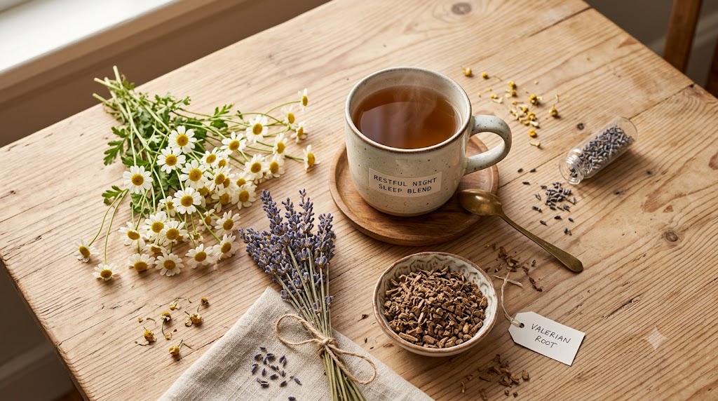 Assortment of dried herbs and a steaming mug of chamomile tea