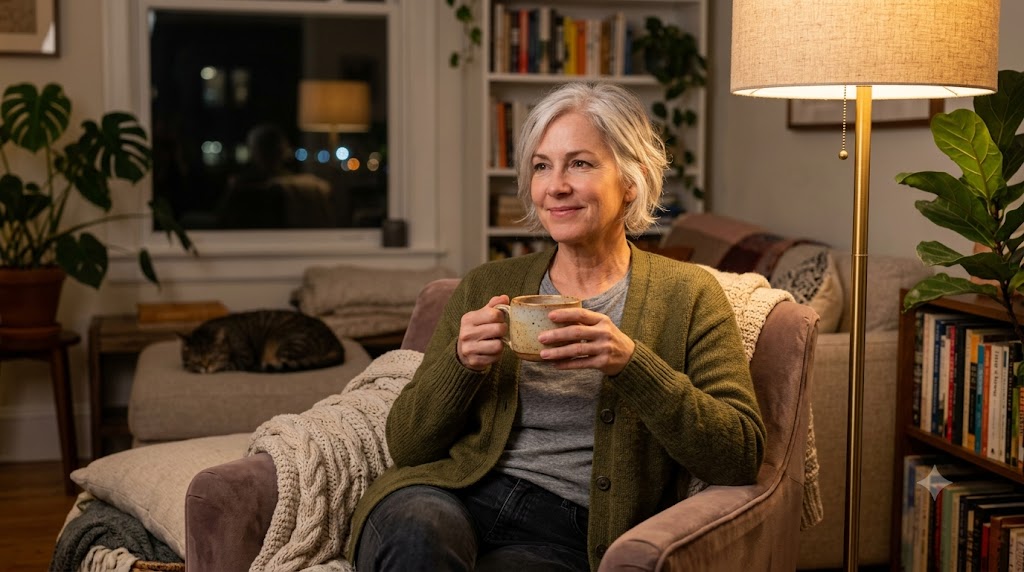 Mature adult relaxing in a softly lit room with a cup of tea