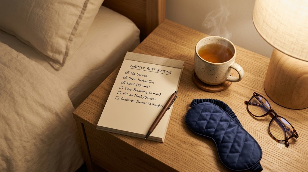 A sleep hygiene checklist, tea, and sleep mask on a nightstand