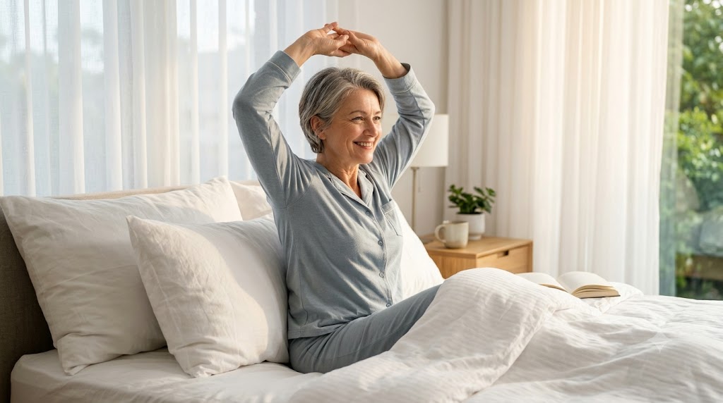 Happy mature adult waking up refreshed in a bright room