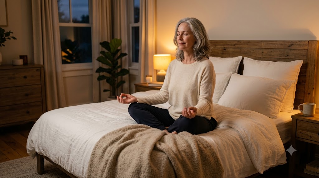 Mature adult practicing gentle meditation in bed