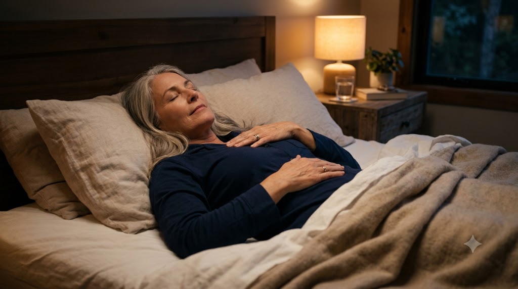 Mature adult practicing deep belly breathing in bed